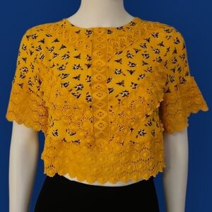 THREAD MARKET Floral Crochet Lace Yellow Crop Top